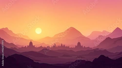 Silhouette city nestled in a valley at sunset, with mountains