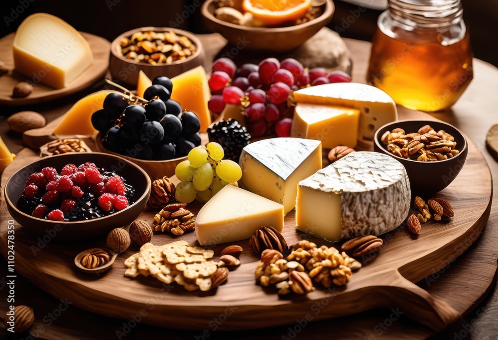 stylish cheese board featuring assorted elegant accessories stunning visual presentation, charcuterie, platter, fruits, nuts, crackers, herbs, flatbread stylish cheese board featuring assorted elegant accessories stunning visual presentation, charcuterie, platter, fruits, nuts, crackers, herbs, flatbread