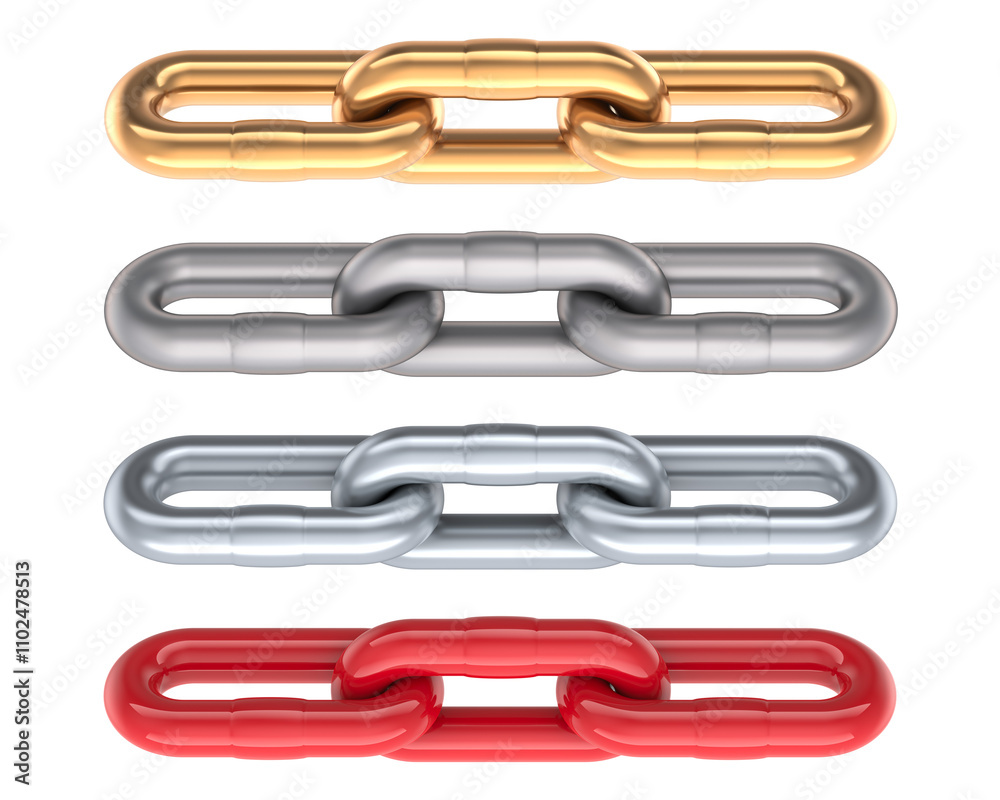 Golden chain links, steel, silver metallic chains and plastic red chain links. 3D rendering isolated on transparent background Golden chain links, steel, silver metallic chains and plastic red chain links. 3D rendering isolated on transparent background