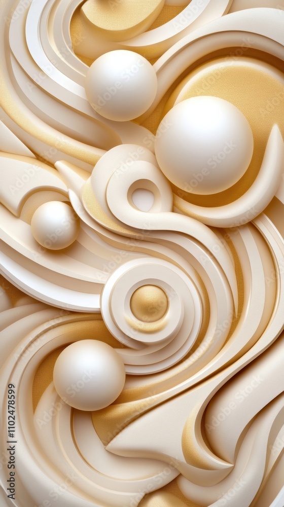 Abstract swirls and spheres create a dynamic, flowing pattern in cream and gold tones, AI Abstract swirls and spheres create a dynamic, flowing pattern in cream and gold tones, AI