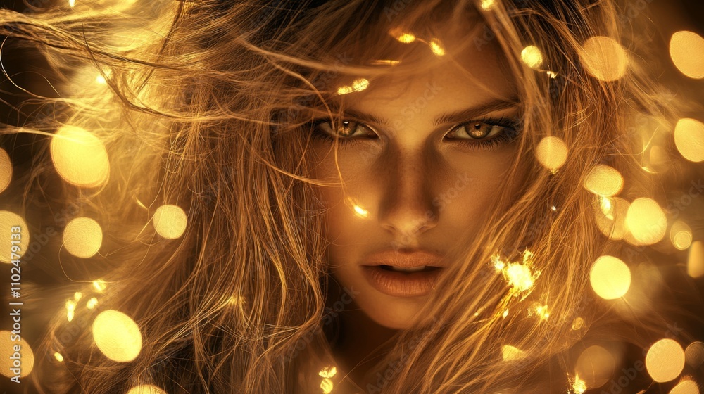 Stunning Portrait of Young Woman with Flowing Hair and Fairy Lights Stunning Portrait of Young Woman with Flowing Hair and Fairy Lights