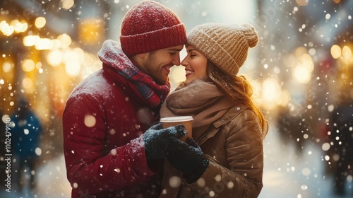 A loving couple hugging on a winter street, holding cups of hot chocolate, snow gently falling, a romantic winter day