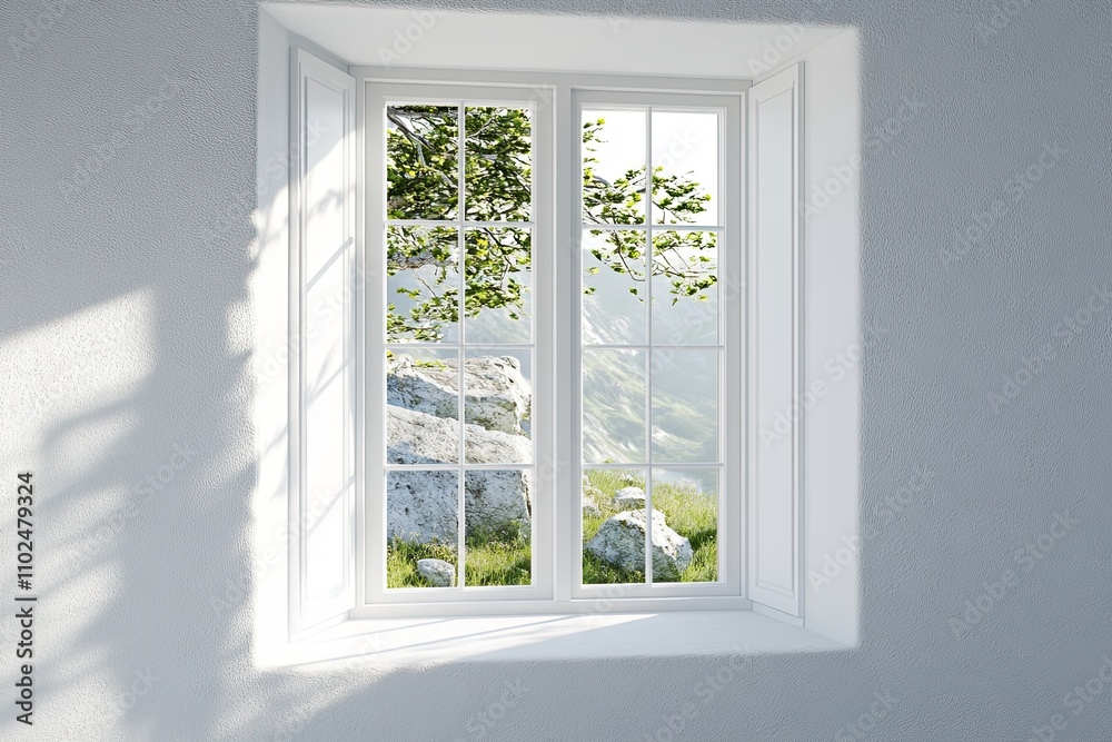 Stylish empty room in white color with summer landscape in window. Scandinavian interior design. Stylish empty room in white color with summer landscape in window. Scandinavian interior design.
