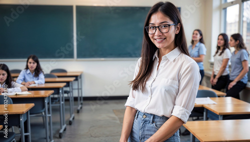 A Smiling Student poses in a classroom