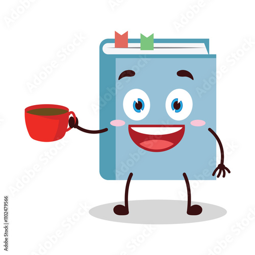 cute cheerful expression of blue book cartoon character carry cup of coffee