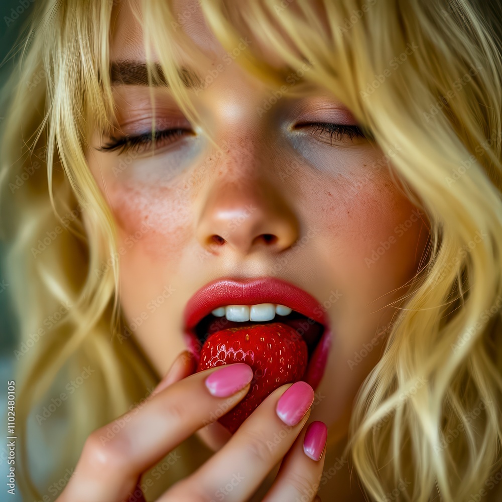 Woman Enjoying a Fresh Strawberry in a Bright Kitchen During a Sunny Afternoon Woman Enjoying a Fresh Strawberry in a Bright Kitchen During a Sunny Afternoon