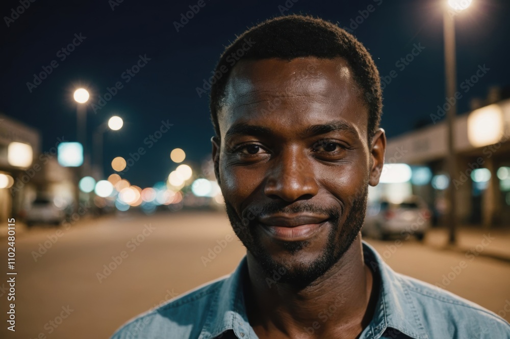 Close portrait of a smiling 40s Nigerien man looking at the camera, Nigerien city outdoors at night blurred background Close portrait of a smiling 40s Nigerien man looking at the camera, Nigerien city outdoors at night blurred background