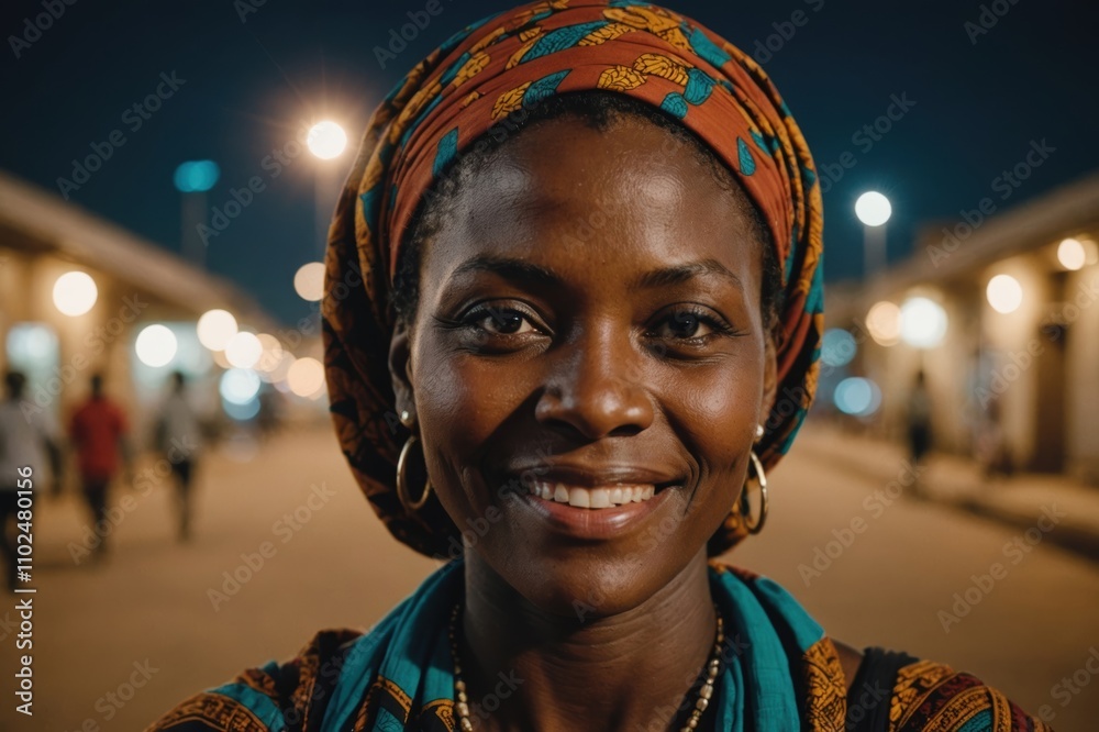 Close portrait of a smiling 40s Nigerien woman looking at the camera, Nigerien city outdoors at night blurred background Close portrait of a smiling 40s Nigerien woman looking at the camera, Nigerien city outdoors at night blurred background