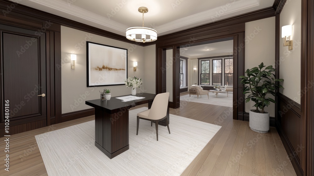 Contemporary workspace showcases dark oak wood paneling, clean lines, natural light, and a neutral color palette for an inviting feel Contemporary workspace showcases dark oak wood paneling, clean lines, natural light, and a neutral color palette for an inviting feel