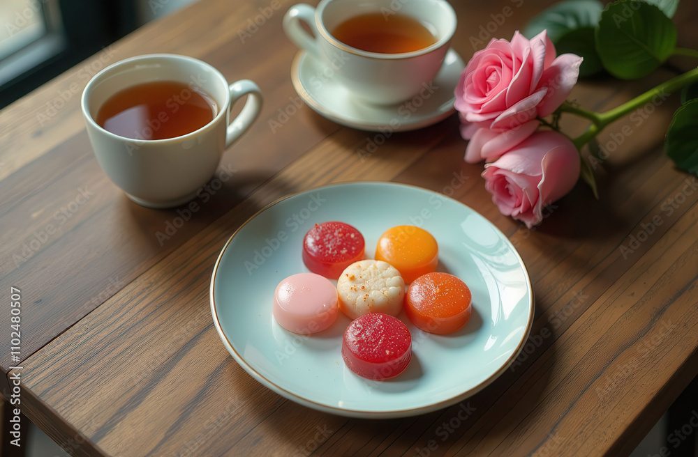 caramel candies lie on a plate on a wooden table, next to them are two cups of tea and twopink rose caramel candies lie on a plate on a wooden table, next to them are two cups of tea and twopink rose