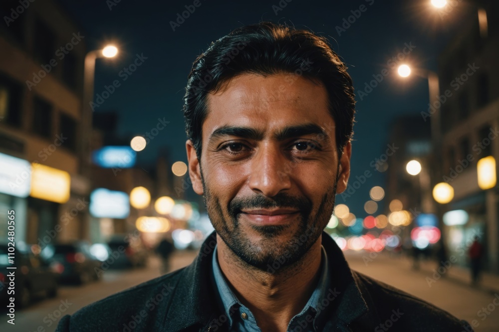 Close portrait of a smiling 40s Pakistani man looking at the camera, Pakistani city outdoors at night blurred background Close portrait of a smiling 40s Pakistani man looking at the camera, Pakistani city outdoors at night blurred background