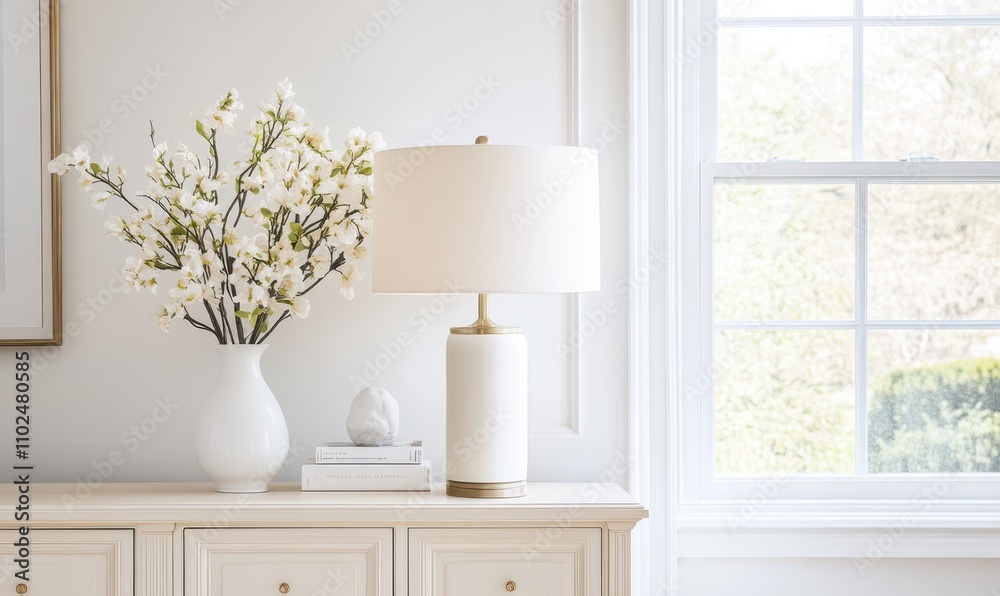 Stylish decorative sideboard featuring a cream and white lamp beside a floral arrangement and sunlight streaming through a window Stylish decorative sideboard featuring a cream and white lamp beside a floral arrangement and sunlight streaming through a window