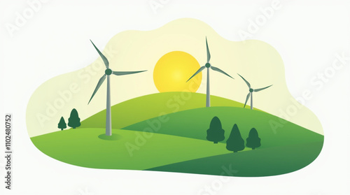 The Green Energy logo shows wind turbines and solar panels in a landscape of green hills with trees. Vector illustration