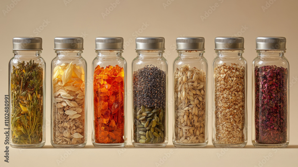 Glass jars filled with various spices and herbs. Glass jars filled with various spices and herbs.