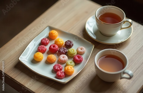 caramel candies lie on a plate on a wooden tsquare able, next to them are two cups of tea
