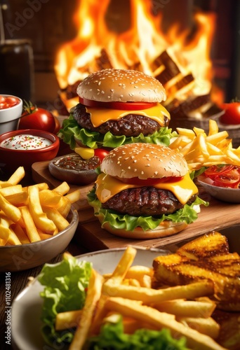 close view deliciously stacked mouthwatering fast food featuring tantalizing add ons ultimate indulgence, burgers, fries, sandwiches, chicken, wings