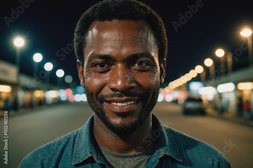 Close portrait of a smiling 40s Papua New Guinean man looking at the camera, Papua New Guinean city outdoors at night blurred background