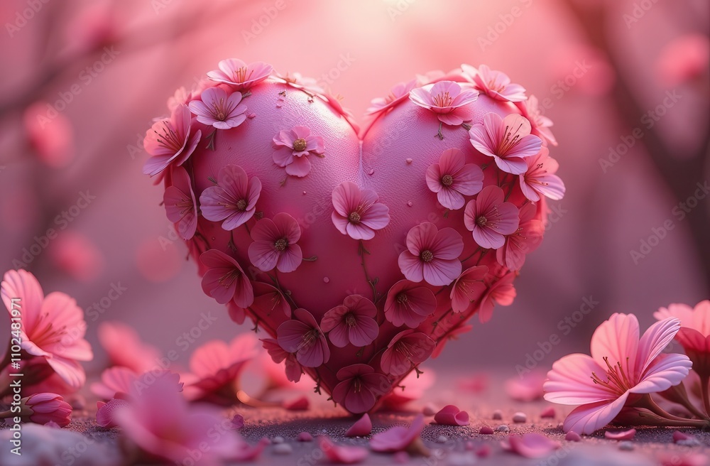 On a pink background of roses and petals stands a bright heart decorated withf lowers. The scene is filled with romance, creating an atmosphere of love and tenderness. Ideal for a holida On a pink background of roses and petals stands a bright heart decorated withf lowers. The scene is filled with romance, creating an atmosphere of love and tenderness. Ideal for a holida