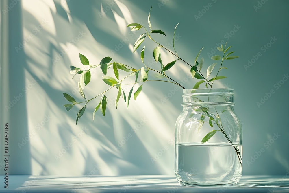 Morning spring still life, plants ruscus branches in a jar of water Morning spring still life, plants ruscus branches in a jar of water