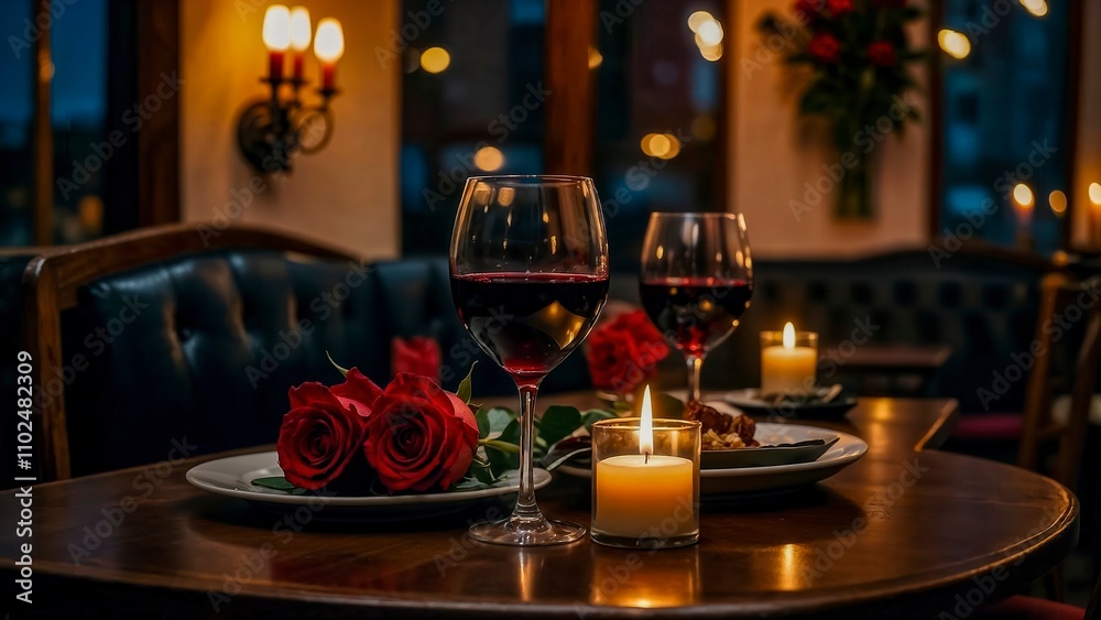 Romantic Dinner Setup With Red Roses and Wine Glasses in a Cozy Restaurant Romantic Dinner Setup With Red Roses and Wine Glasses in a Cozy Restaurant