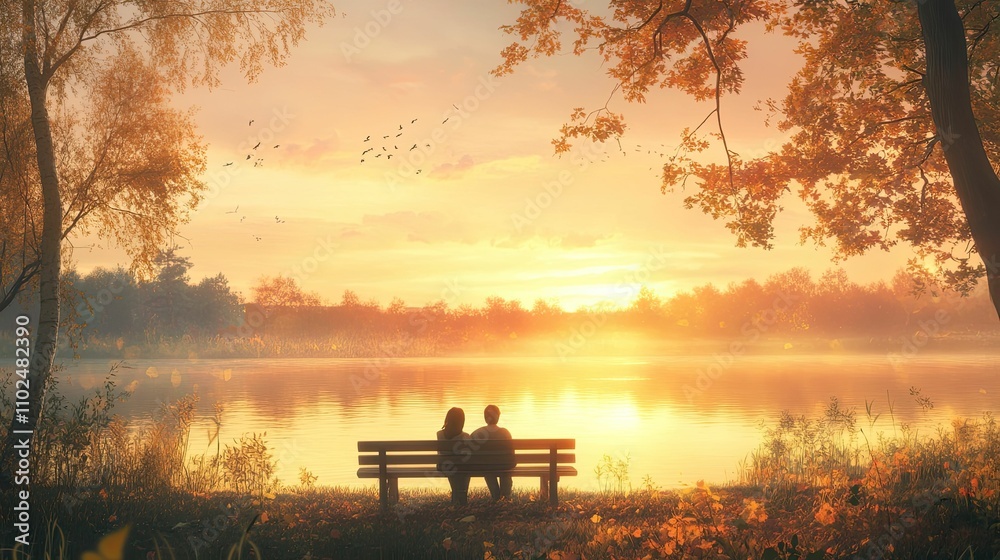Couple sits on bench, autumn sunset lake. Couple sits on bench, autumn sunset lake.