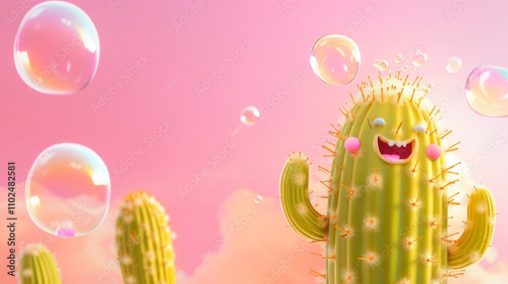 A happy cactus with pink cheeks smiles while bubbles float around in a dreamy desert sunset. The scene is colorful, whimsical, and full of cheerful energy. AI generated.