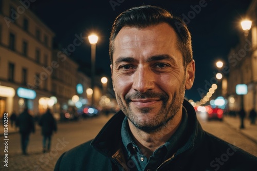 Close portrait of a smiling 40s Romanian man looking at the camera, Romanian city outdoors at night blurred background