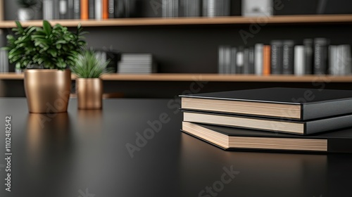 Natural light illuminates a modern office featuring a wooden desk and elegant accents against dark walls, enhancing comfort and style