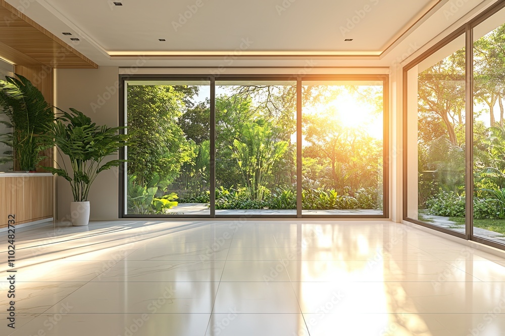Modern style wooden kitchen with nature view 3d render,The rooms have white tile floors, Big windows overlooking a large garden, sunlight into the room. Modern style wooden kitchen with nature view 3d render,The rooms have white tile floors, Big windows overlooking a large garden, sunlight into the room.