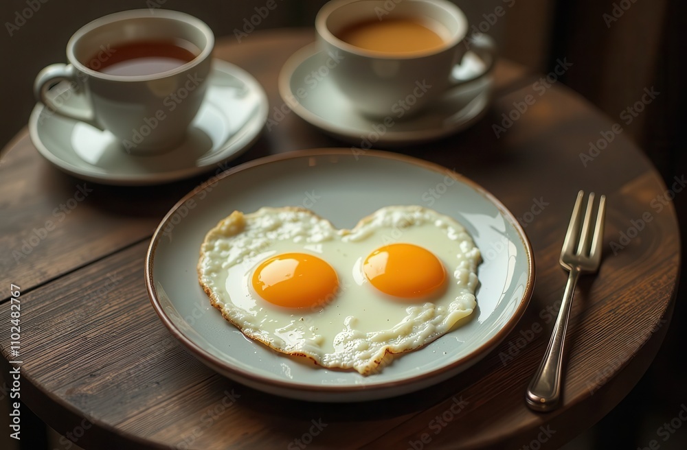Heart-shaped fried egg on a plate, with two yellow yolks, reminiscent of love, accompanied by two cups of tea or coffee. Perfect for a romantic morning on a wooden table Heart-shaped fried egg on a plate, with two yellow yolks, reminiscent of love, accompanied by two cups of tea or coffee. Perfect for a romantic morning on a wooden table