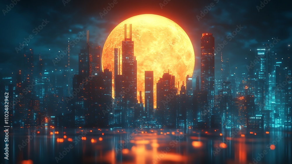 Glowing Cyberpunk Skyline Full Moon Stunning SciFi Night Cityscape image Glowing Cyberpunk Skyline Full Moon Stunning SciFi Night Cityscape image