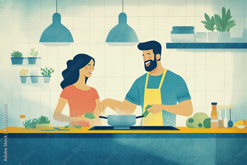 Obraz premium Happy couple cooks together in modern kitchen.
