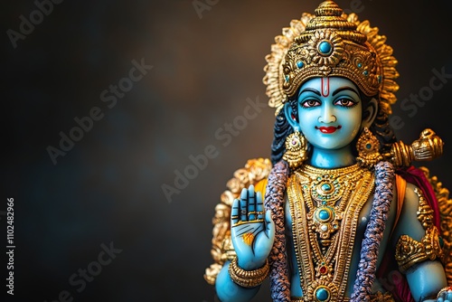 Lord vishnu narayan hindu god toy decoration isolated on black gradient background copy space