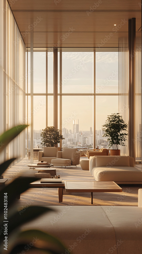 Fototapeta premium A large living room with a view of the city