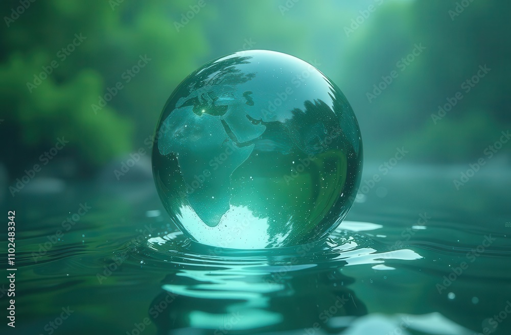 A mesmerizing depiction of a translucent sphere resembling Earth, floating serenely on water amidst a serene, green landscape. The reflections and ripples enhance its ethereal beauty. A mesmerizing depiction of a translucent sphere resembling Earth, floating serenely on water amidst a serene, green landscape. The reflections and ripples enhance its ethereal beauty.