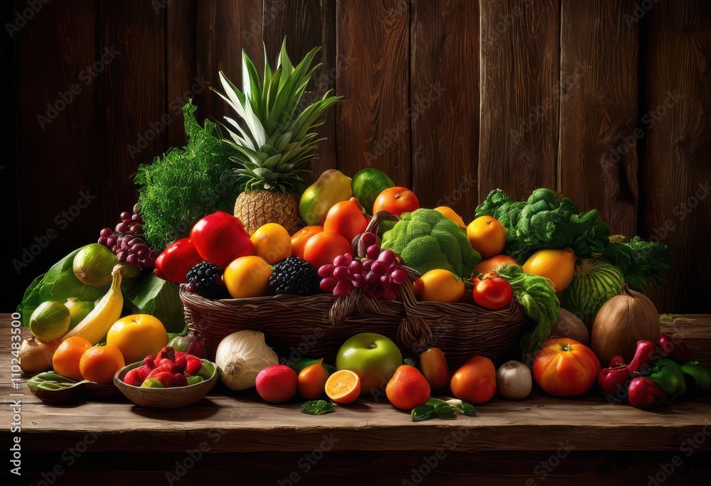 vibrant fresh produce neatly arranged rustic wooden table showcasing colorful fruits vegetables natural aesthetic, organic, healthy, food, farm, basket, green vibrant fresh produce neatly arranged rustic wooden table showcasing colorful fruits vegetables natural aesthetic, organic, healthy, food, farm, basket, green