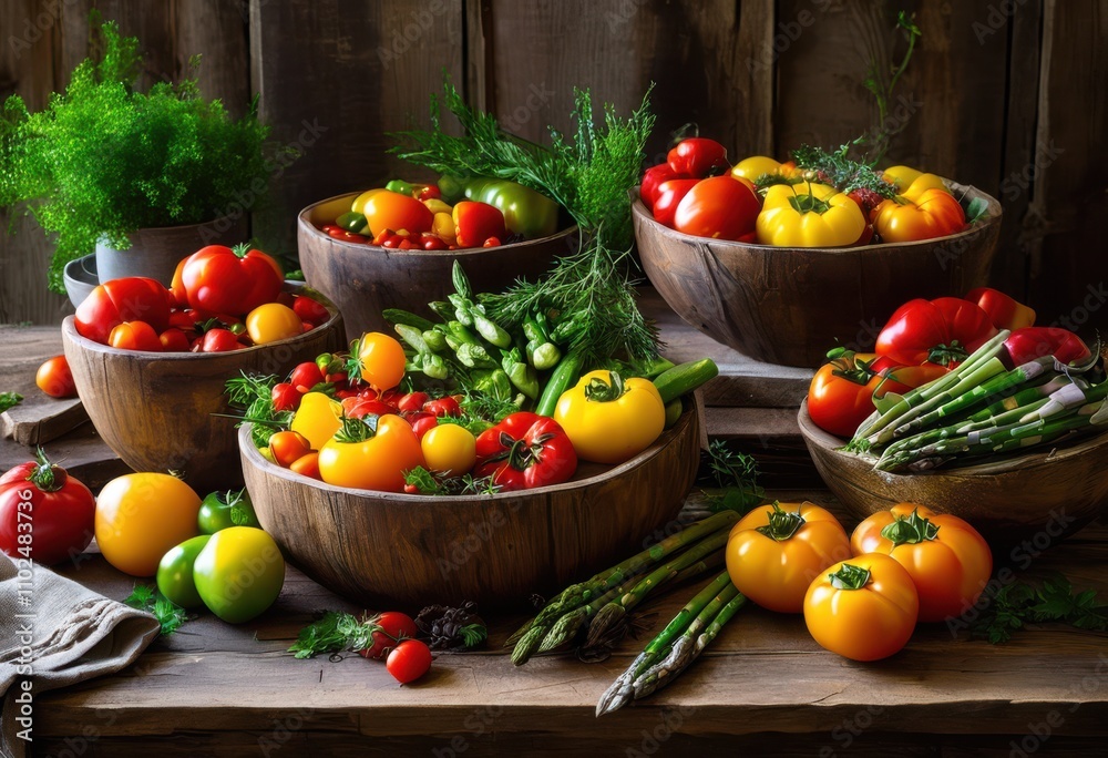 vibrant display colorful bowls filled diverse array fresh produce exuding rich colors textures rustic setting, appetite, assortment, brightness, crunch vibrant display colorful bowls filled diverse array fresh produce exuding rich colors textures rustic setting, appetite, assortment, brightness, crunch