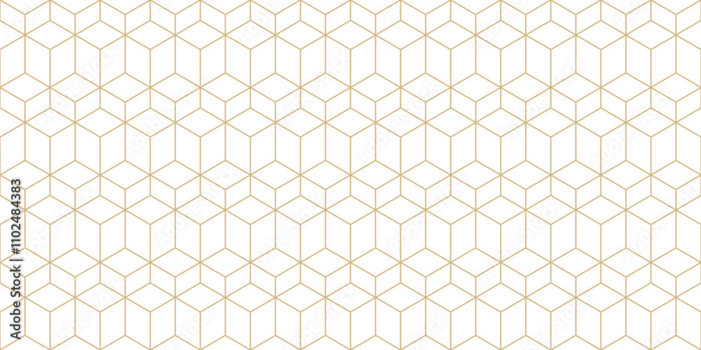Subtle vector golden seamless pattern with hexagonal lattice, 3d cube linear grid. Simple gold and white geometric texture with thin lines. Abstract minimalist background. Luxury repeating geo design Subtle vector golden seamless pattern with hexagonal lattice, 3d cube linear grid. Simple gold and white geometric texture with thin lines. Abstract minimalist background. Luxury repeating geo design