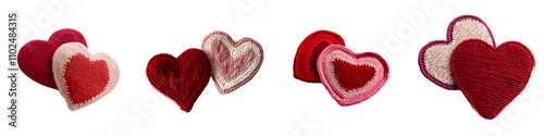 Knitted heart designs in vibrant red and pink tones with intricate patterns, isolated on a white background, png