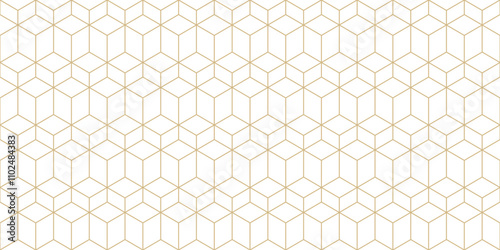 Subtle vector golden seamless pattern with hexagonal lattice, 3d cube linear grid. Simple gold and white geometric texture with thin lines. Abstract minimalist background. Luxury repeating geo design