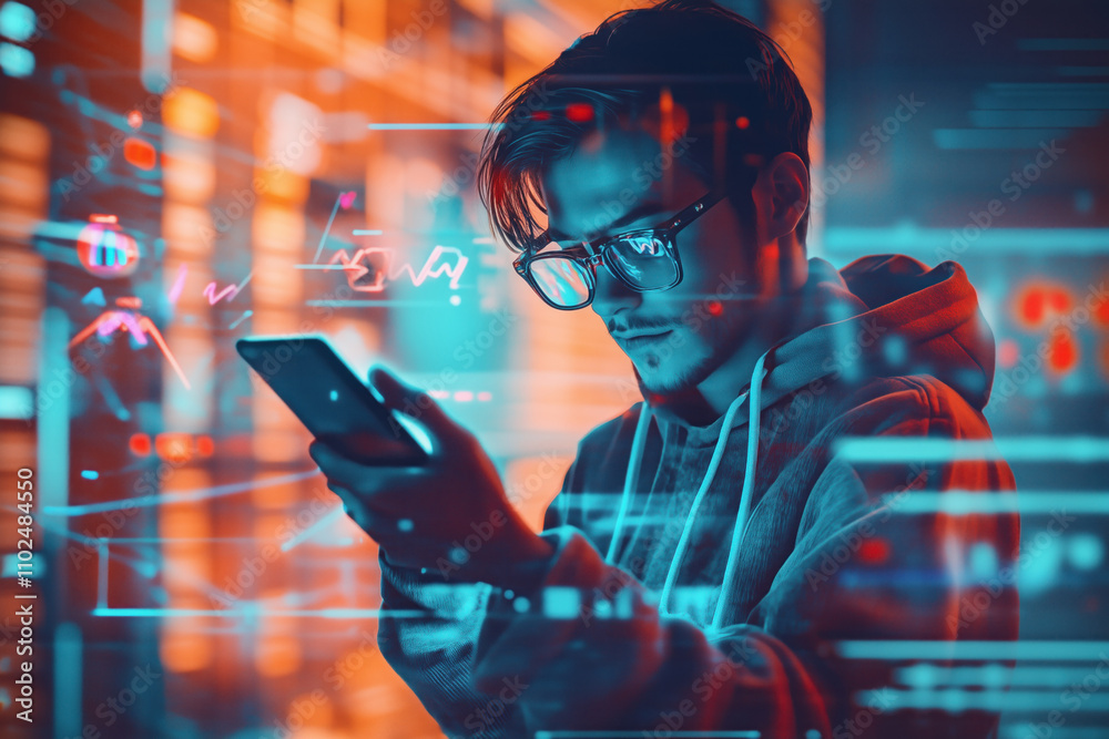 Young creator editing on smartphone with holograms Young creator editing on smartphone with holograms