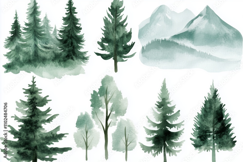 Obraz premium A set of watercolor forest clip art, featuring various trees and mountains in green tones against white backgrounds.