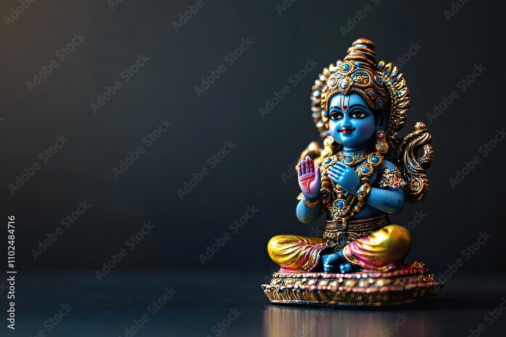 Hindu God Krishna toy decoration isolated on black gradient background copy space Hindu God Krishna toy decoration isolated on black gradient background copy space