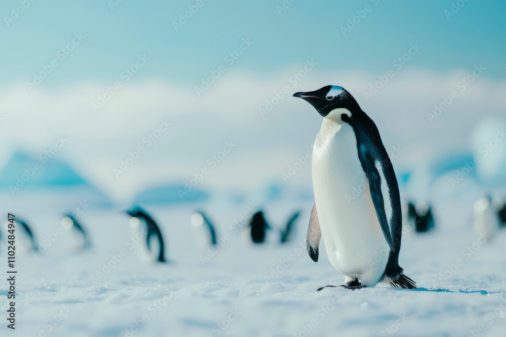 Fototapeta premium A penguin waddles across gleaming ice, surrounded by a tranquil arctic expanse. The chilly atmosphere embodies the serene beauty of winter wildlife