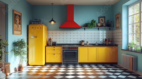 A Stunning Retro Art Deco Kitchen Featuring a Lime Green Smeg Fridge and Colorful Tiles