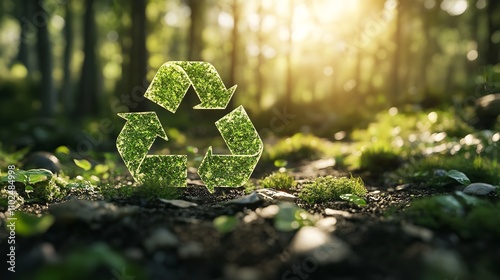  Green Recycling Symbol with Water Drops on Blurred Leaves photo