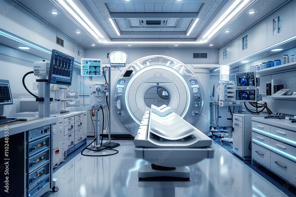 High-Tech MRI Machine in Advanced Medical Lab for Cutting-Edge Diagnostic Tools and Control Systems High-Tech MRI Machine in Advanced Medical Lab for Cutting-Edge Diagnostic Tools and Control Systems
