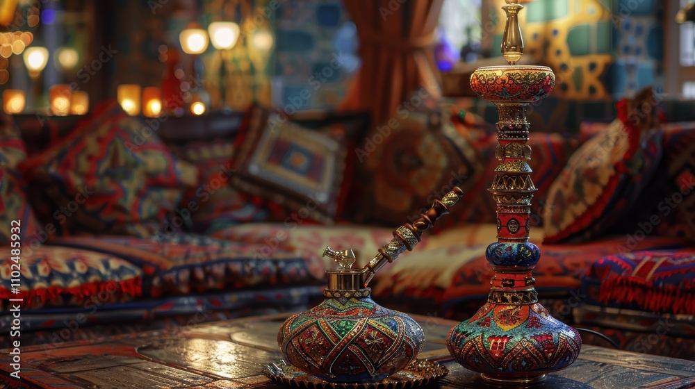 Intricately Designed Middle Eastern Hookah in Cozy Exotic Lounge Setting Intricately Designed Middle Eastern Hookah in Cozy Exotic Lounge Setting