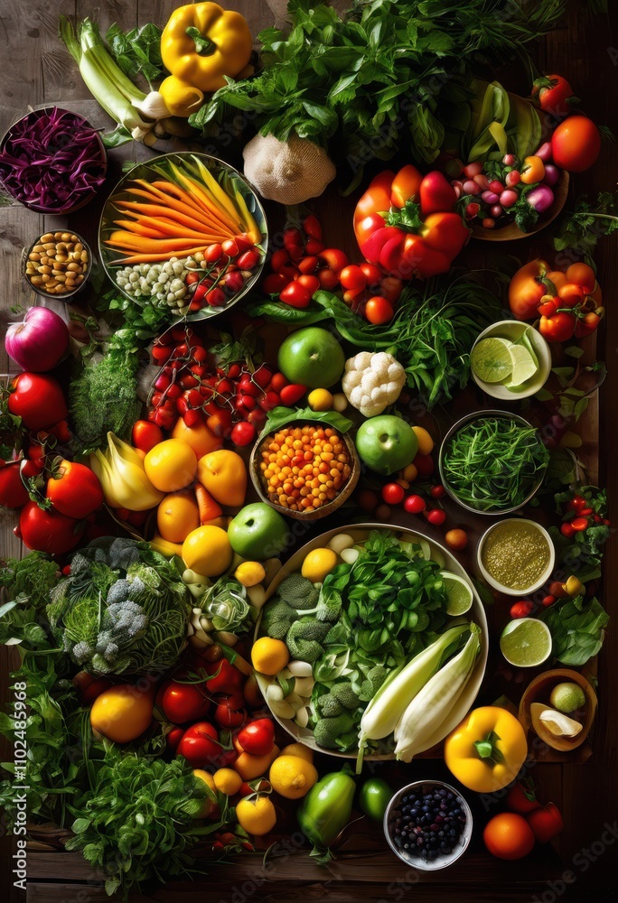 Naklejka premium vibrant display fresh ingredients presenting creative patterns showcase rich colors textures, arrangement, edible, aesthetics, design, plates, visuals