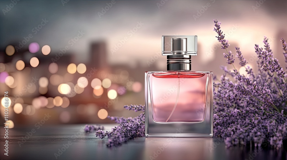 A perfume bottle sits gracefully amidst lavender blooms, illuminated by gentle purple light against a dark backdrop, highlighting detail A perfume bottle sits gracefully amidst lavender blooms, illuminated by gentle purple light against a dark backdrop, highlighting detail